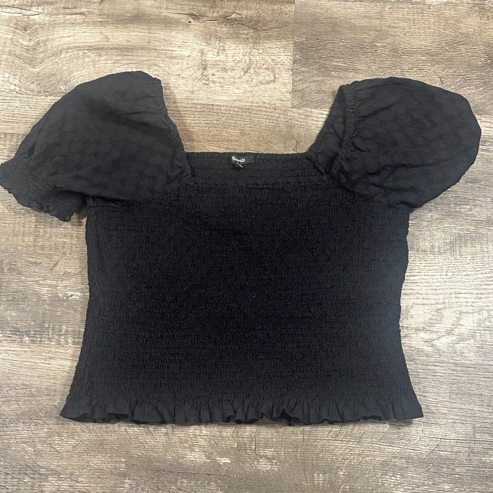Madewell Black Smocked Puff Sleeve Square Neck Cotton‎ Top XL Cottagecore Boho